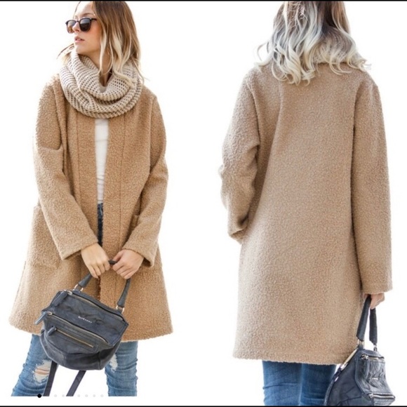 My Story Open Front Collarless Long Tan Coat - Picture 3 of 8